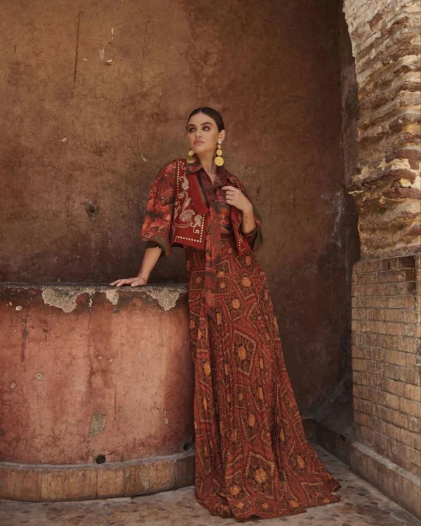 Crimson Block-Print Anarkali