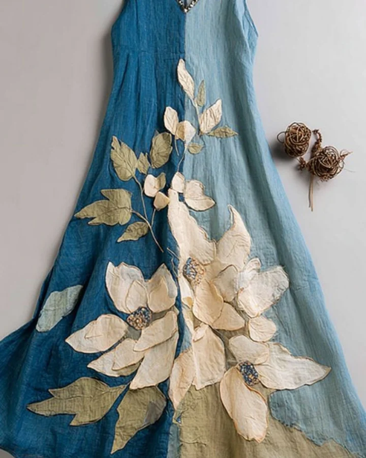 Indigo Floral Appliqué Dress