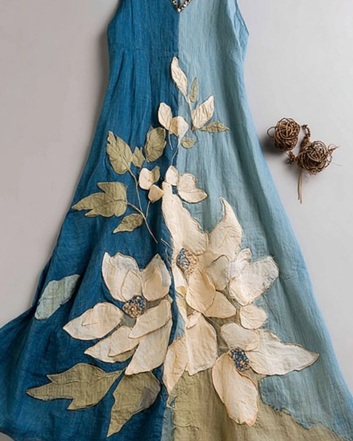 Indigo Floral Appliqué Dress